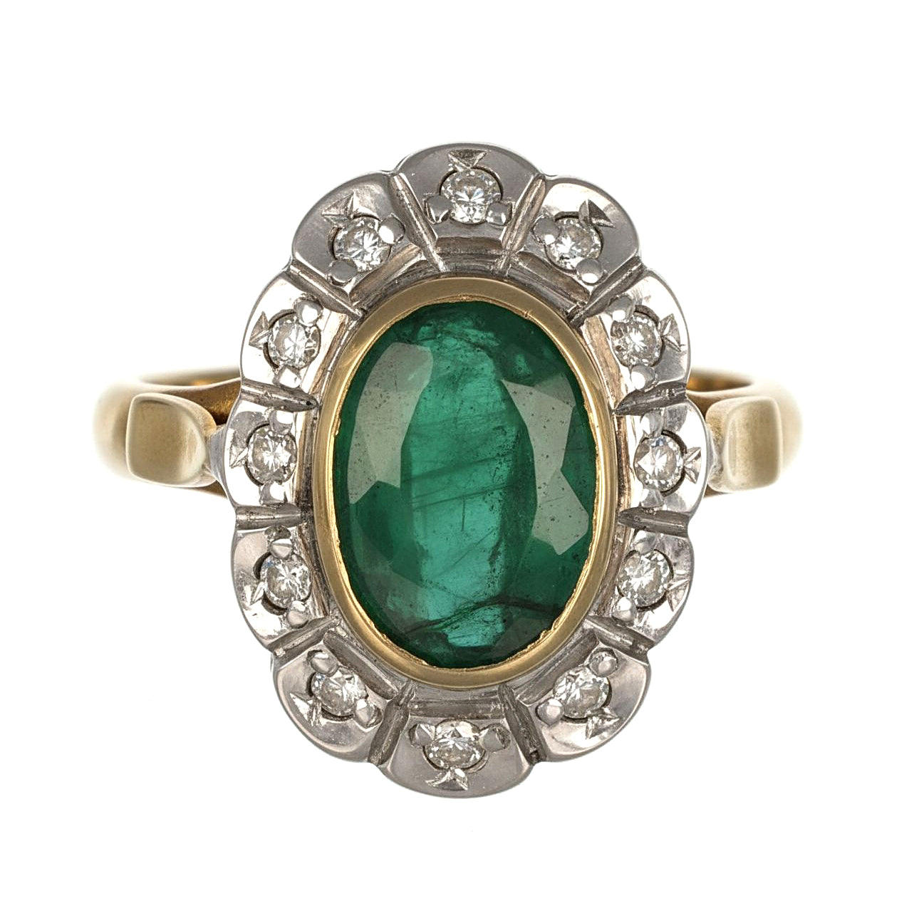 Anello in Oro giallo 14 carati e Argento 800 - Smeraldo  Diamanti