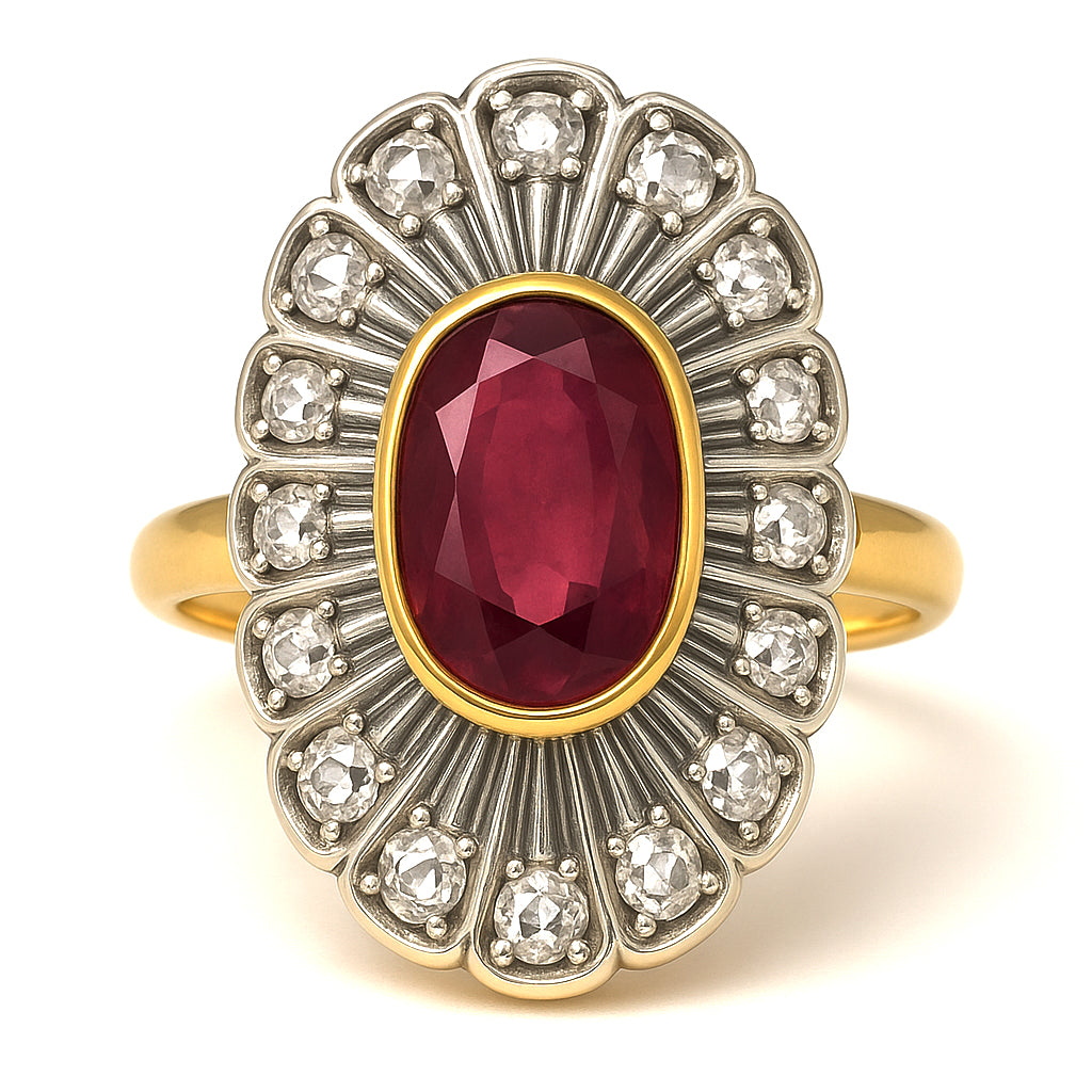 Anello in Oro giallo  14 carati e Argento 800 con Rubino  Diamanti