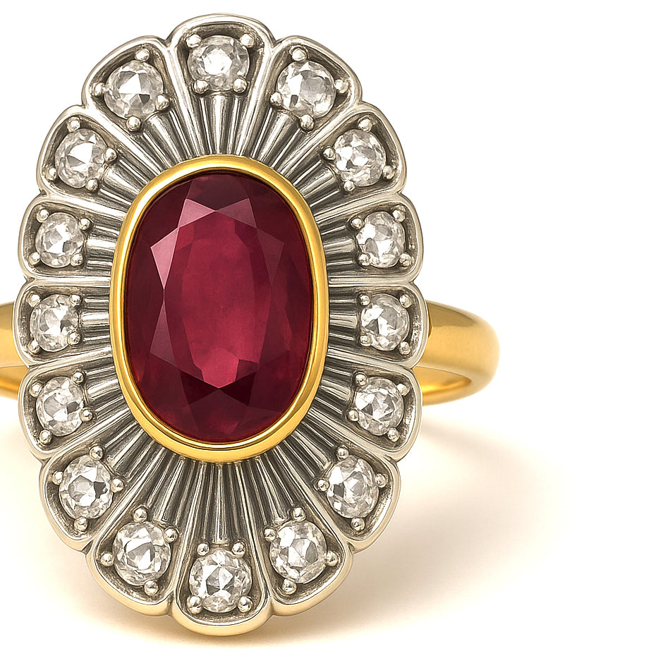 Anello in Oro giallo  14 carati e Argento 800 con Rubino  Diamanti