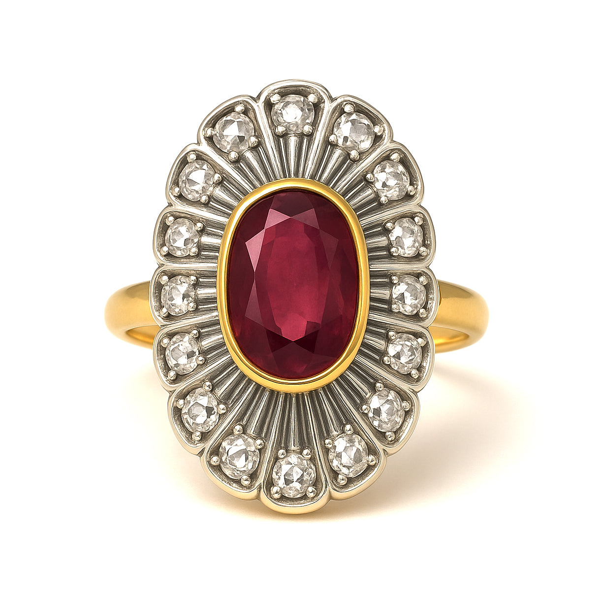 Anello in Oro giallo  14 carati e Argento 800 con Rubino  Diamanti