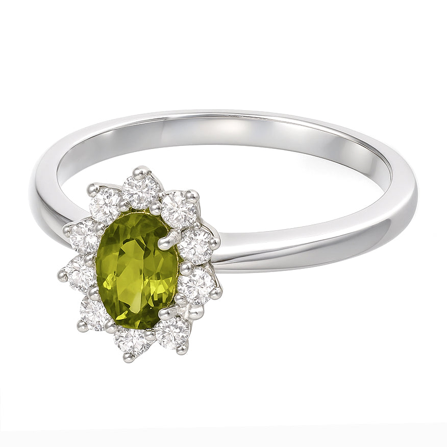 Anello - 18 carati Oro bianco - 1.09ct. tw. Peridoto - Diamante