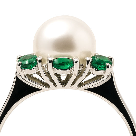 Anello - 18 carati Oro bianco - 0.24ct. tw. Smeraldo - Perla