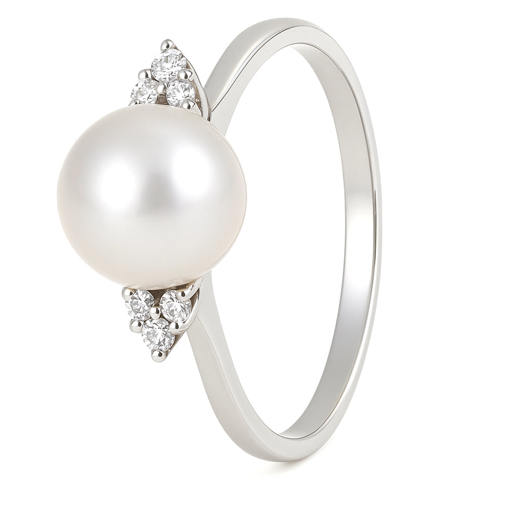 Anello - 18 carati Oro bianco - 0.09ct. tw. Diamante (Naturale) - Perla