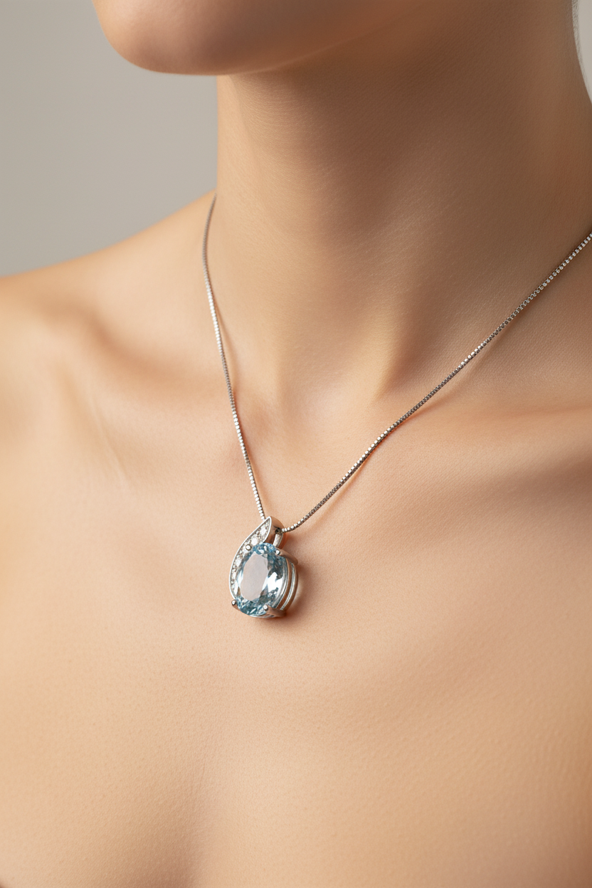 Collana con ciondolo - 18 carati Oro bianco - 1.36ct. tw. Acquamarina - Diamante