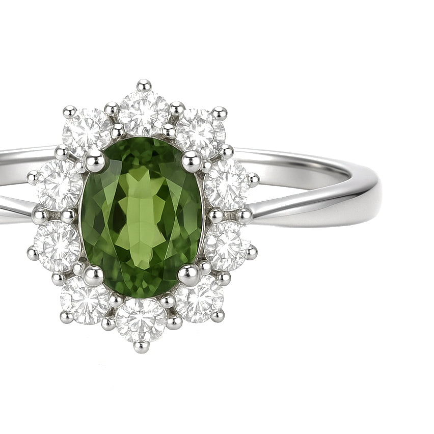 Anello - 18 carati Oro bianco - 1.09ct. tw. Peridoto - Diamante