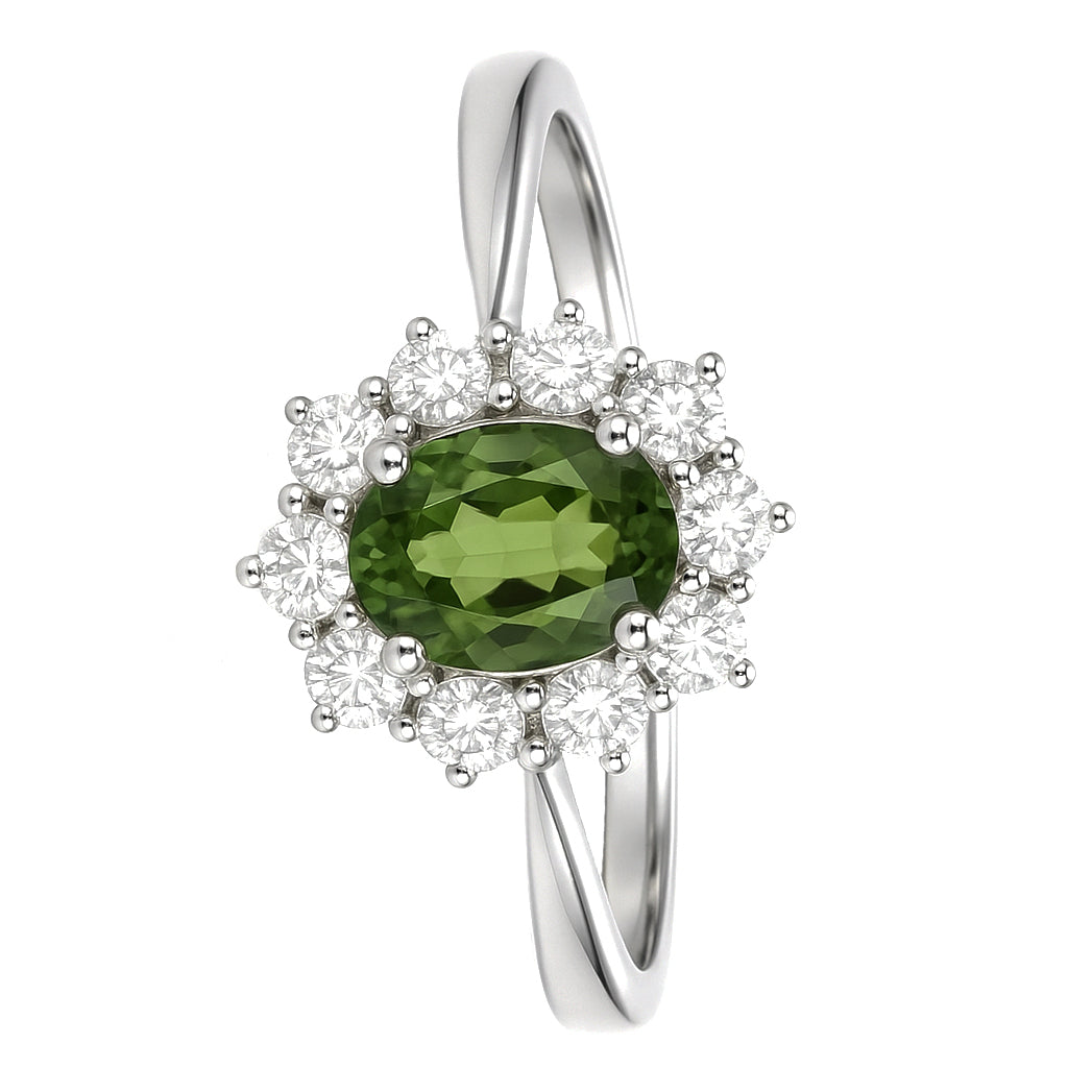 Anello - 18 carati Oro bianco - 1.09ct. tw. Peridoto - Diamante