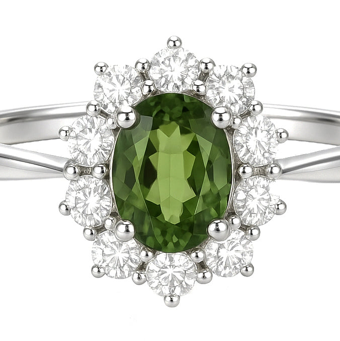 Anello - 18 carati Oro bianco - 1.09ct. tw. Peridoto - Diamante