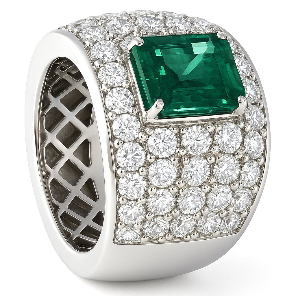 Anello - 18 carati Oro bianco - 6.50ct. tw. Smeraldo - Diamante