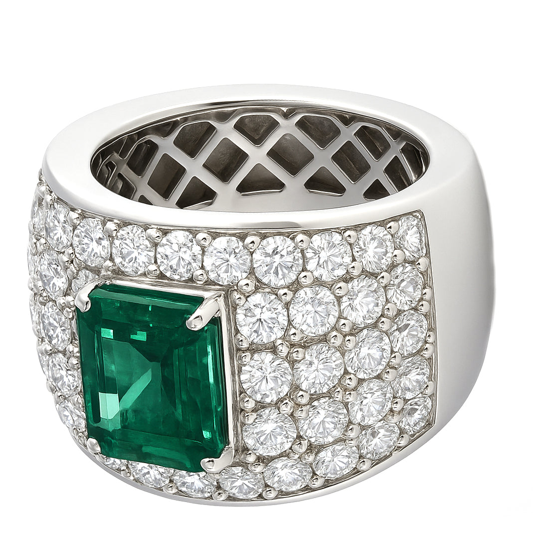 Anello - 18 carati Oro bianco - 6.50ct. tw. Smeraldo - Diamante