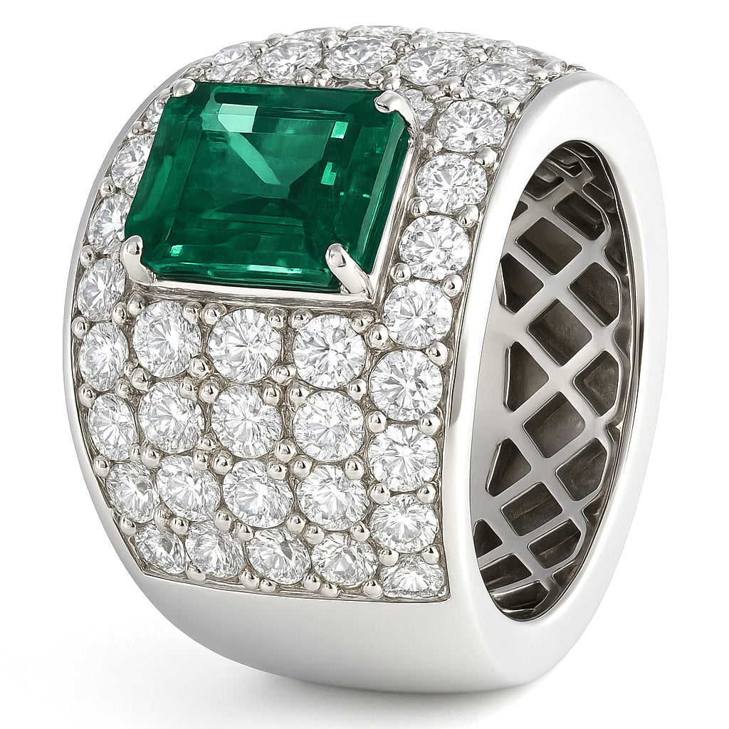 Anello - 18 carati Oro bianco - 6.50ct. tw. Smeraldo - Diamante