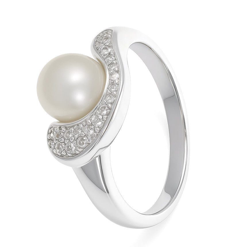 Anello - 18 carati Oro bianco - 0.04ct. tw. Diamante (Naturale) - Perla