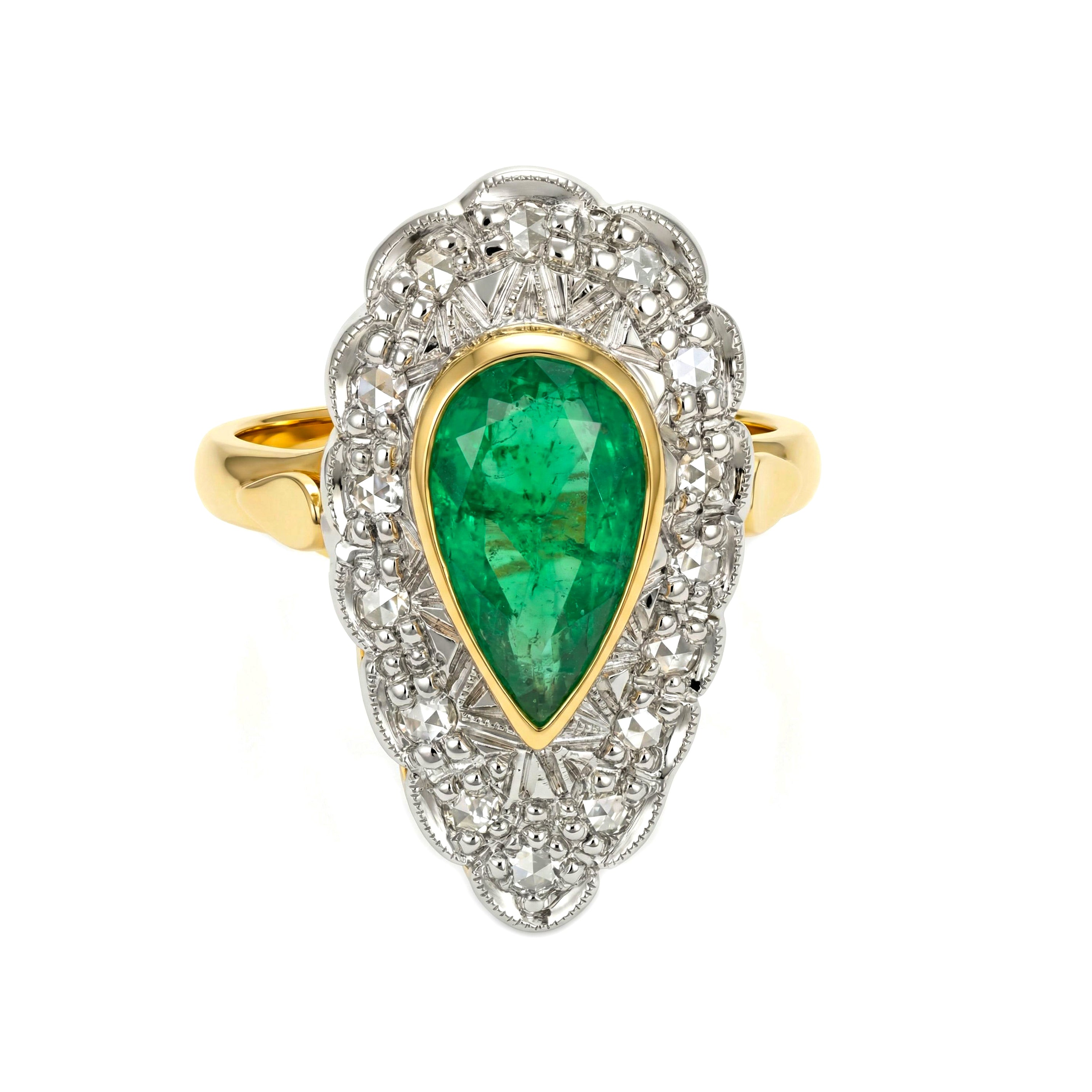 Anello in Oro giallo 14 carati e Argento 800 - Smeraldo e  Diamanti