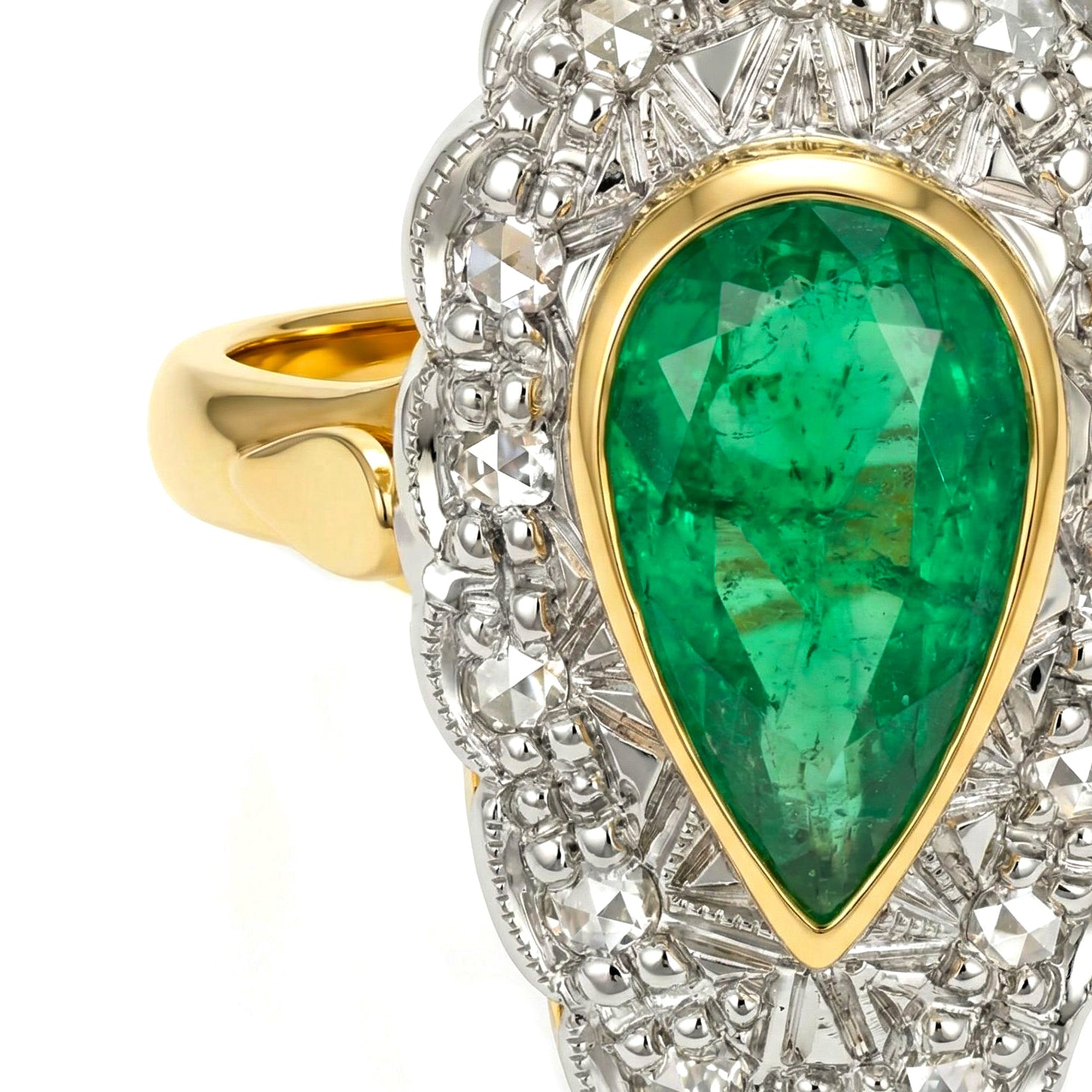 Anello in Oro giallo 14 carati e Argento 800 - Smeraldo e  Diamanti