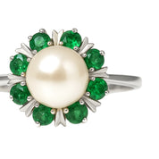 Anello - 18 carati Oro bianco - 0.24ct. tw. Smeraldo - Perla