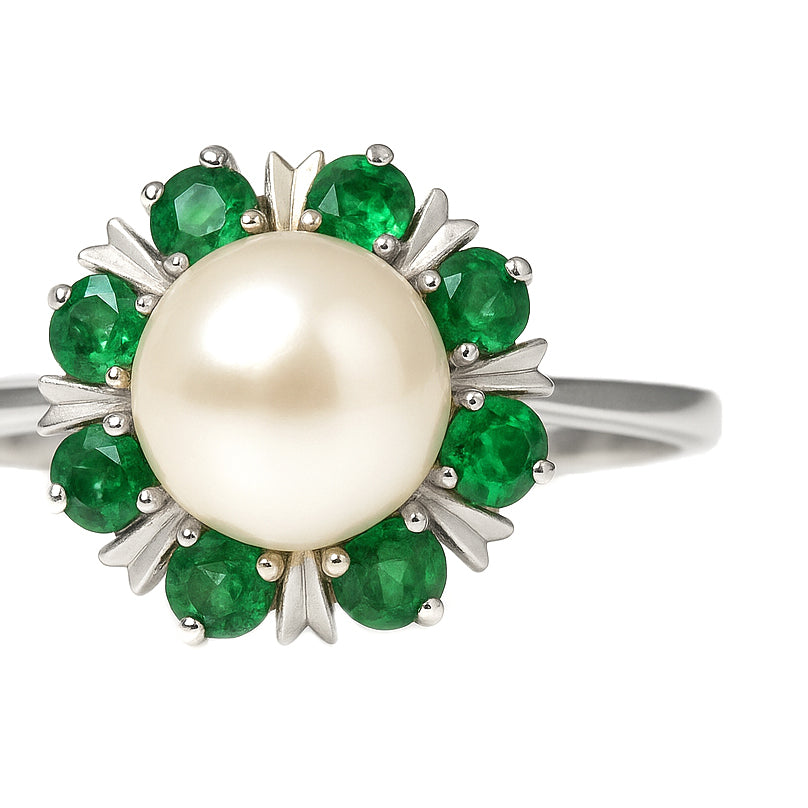 Anello - 18 carati Oro bianco - 0.24ct. tw. Smeraldo - Perla