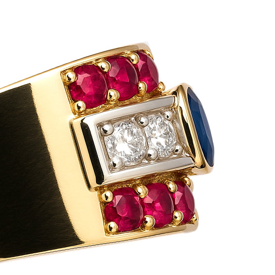 Anello - 18 carati Oro giallo, Rubino - Zaffiro- Diamante - 0.93ct. tw.