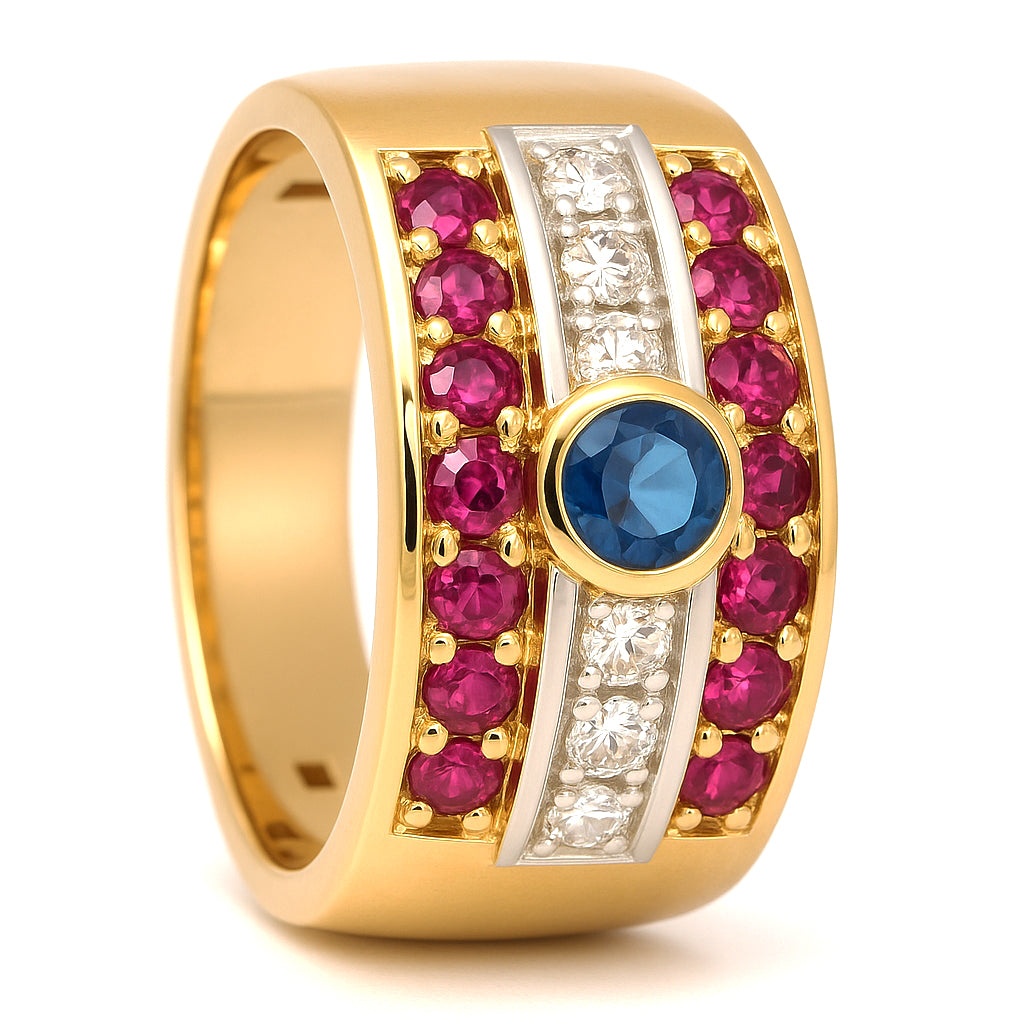 Anello - 18 carati Oro giallo, Rubino - Zaffiro- Diamante - 0.93ct. tw.