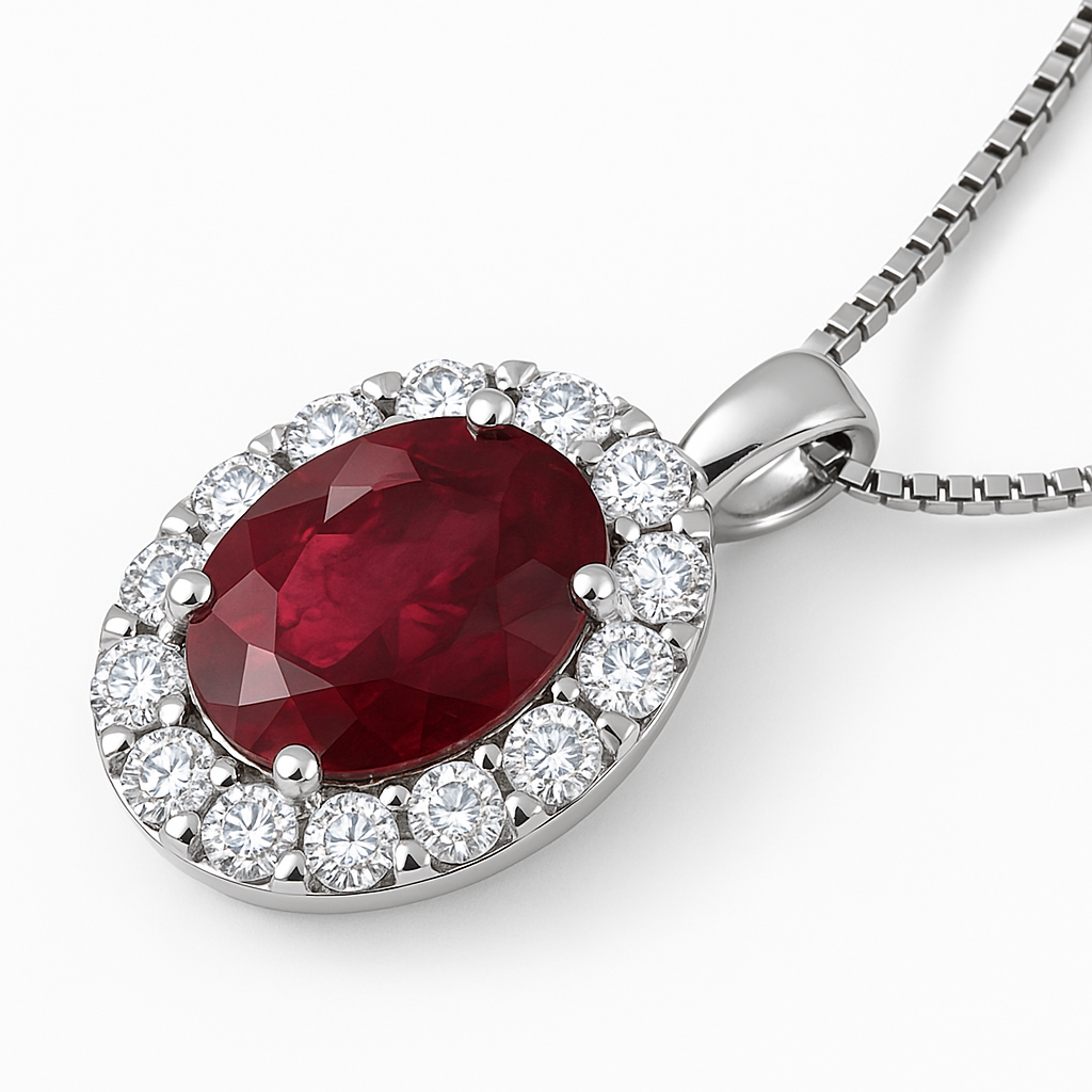 Collana con ciondolo - 18 carati Oro bianco - 1.44ct. tw. Rubino - Diamante