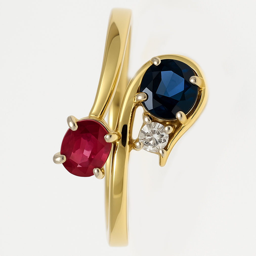 Anello - 18 carati Oro giallo, Zaffiro - Rubino - Diamante - 0.72ct. tw.