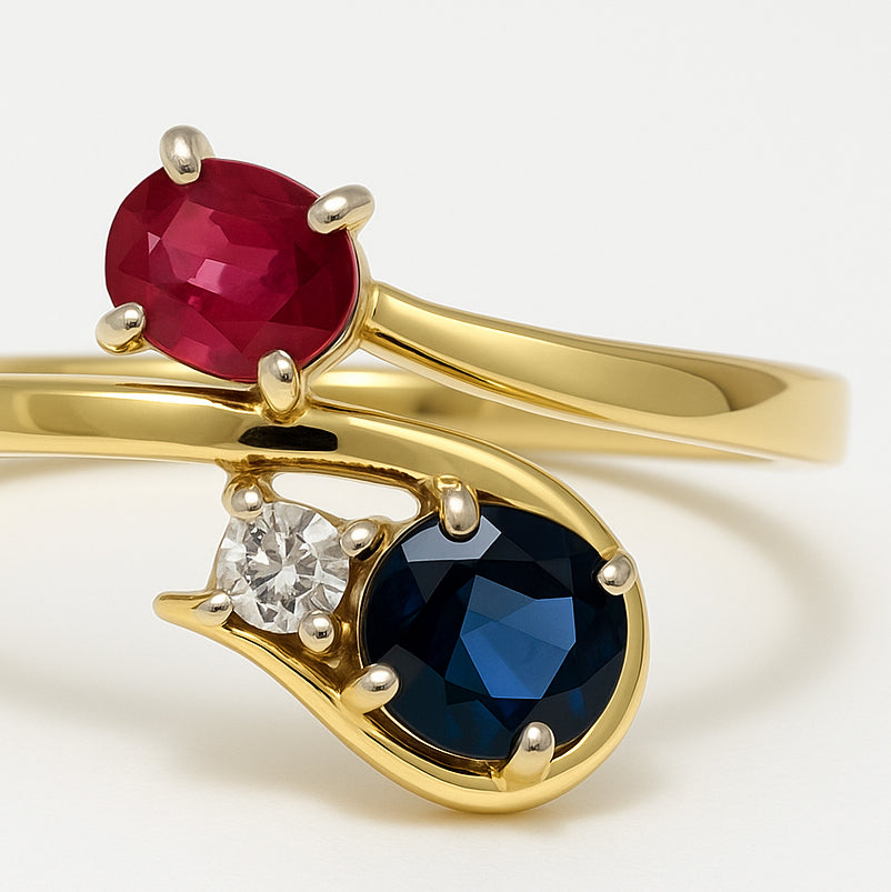 Anello - 18 carati Oro giallo, Zaffiro - Rubino - Diamante - 0.72ct. tw.