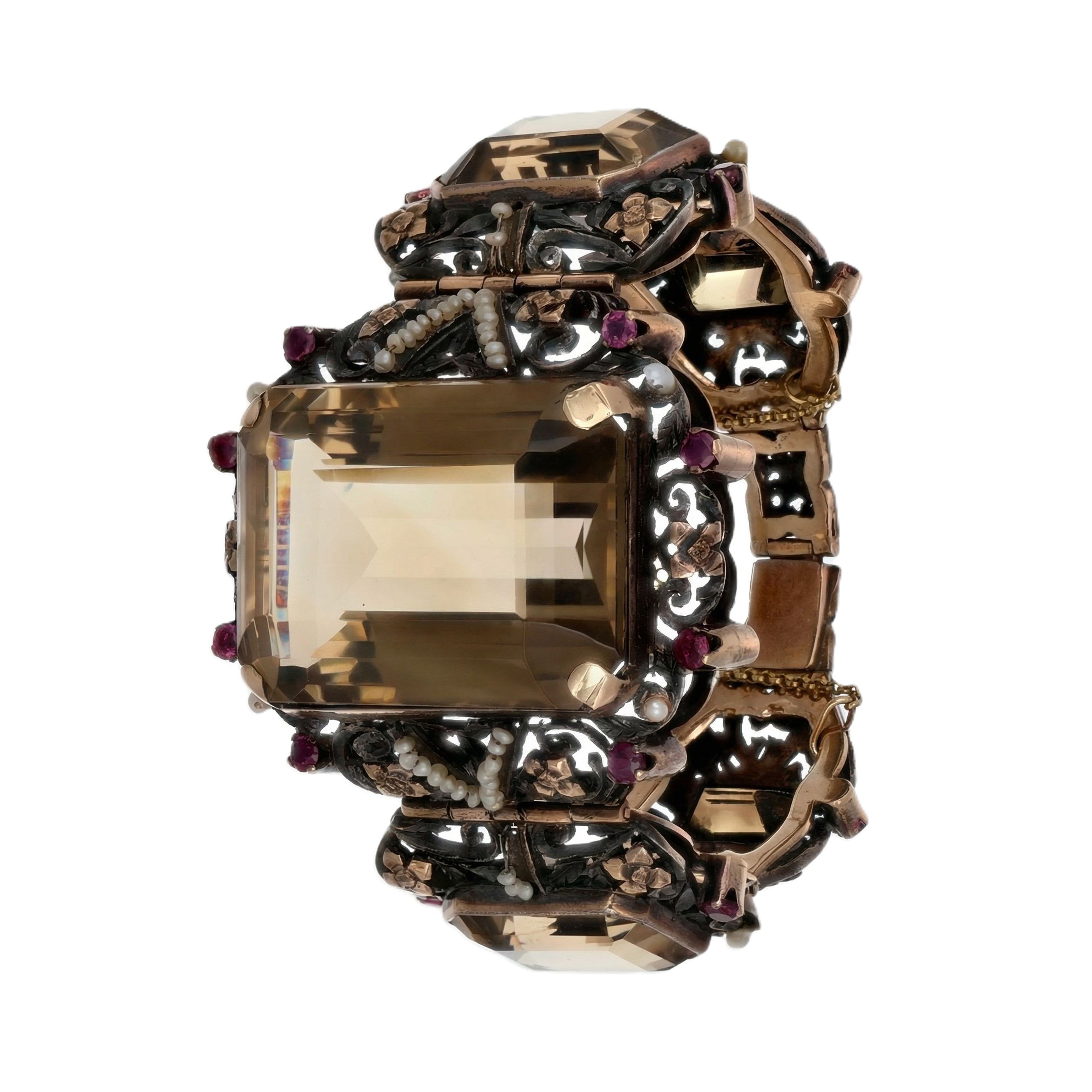 Bracciale - 18 carati Oro giallo, Argento, Quarzo fumè - microperle-rubini - 240.00ct. tw.