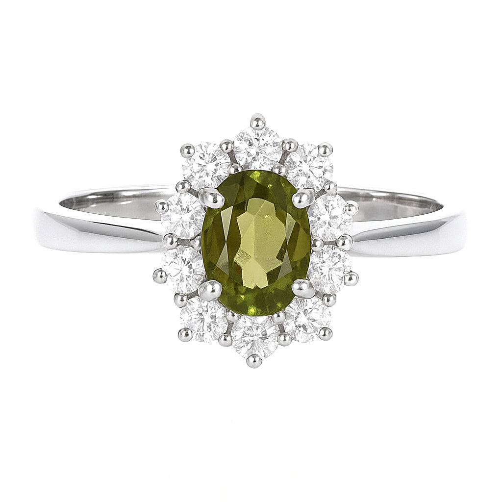 Anello - 18 carati Oro bianco - 1.09ct. tw. Peridoto - Diamante