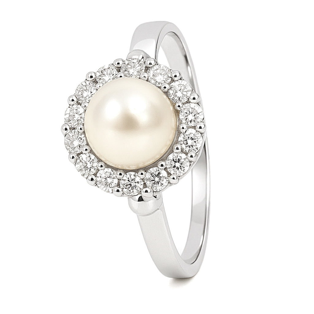 Anello - 18 carati Oro bianco - 0.14ct. tw. Diamante (Naturale) - Perla