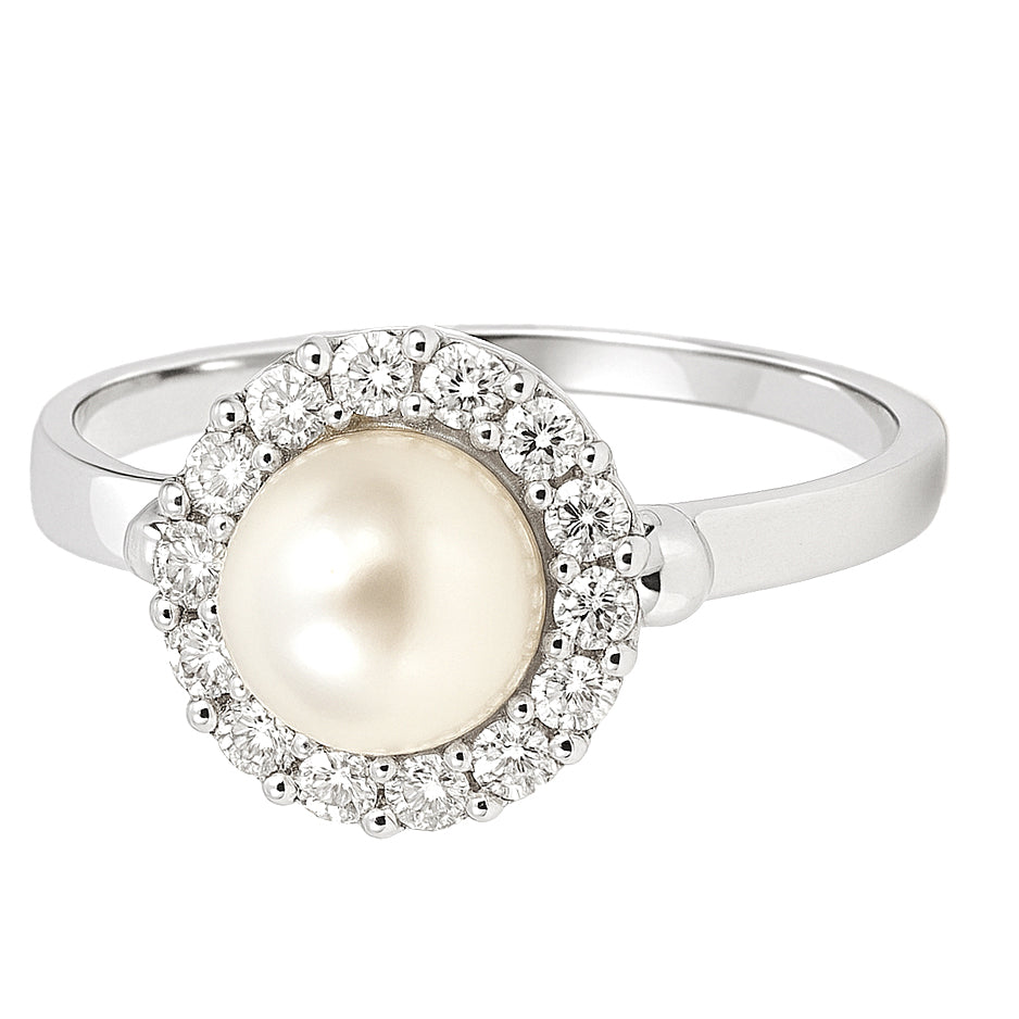 Anello - 18 carati Oro bianco - 0.14ct. tw. Diamante (Naturale) - Perla