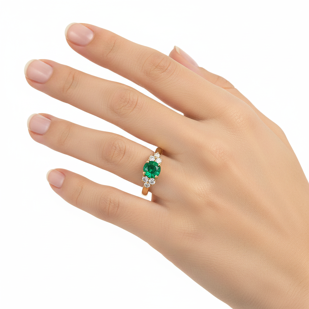 Anello - 18 carati Oro giallo - 0.92ct. tw. Smeraldo - Diamante