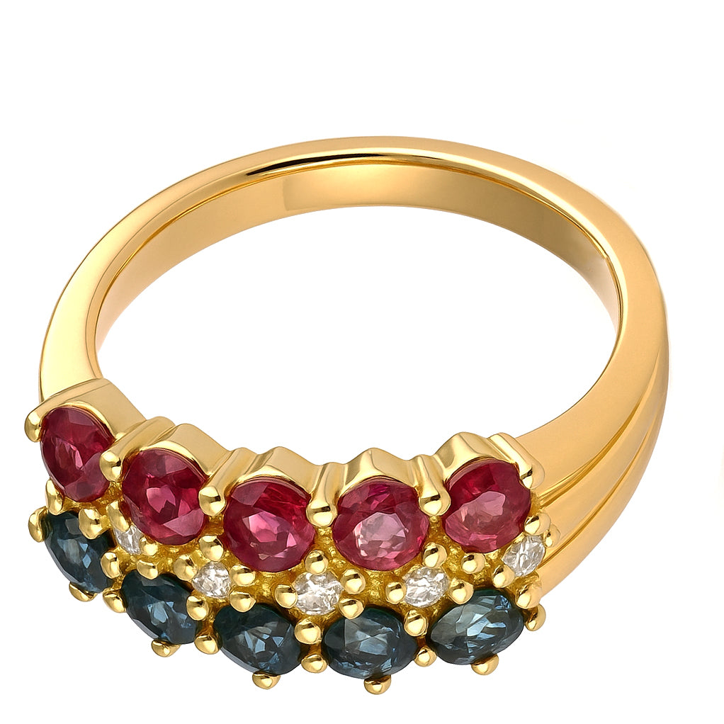 Anello - 18 carati Oro giallo, Zaffiri - Rubini - Diamanti - 0.92ct. tw.