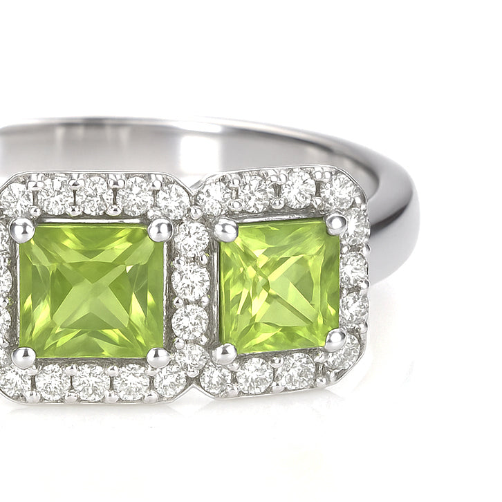 Anello - 18 carati Oro bianco - 1.09ct. tw. Peridoto - Diamante