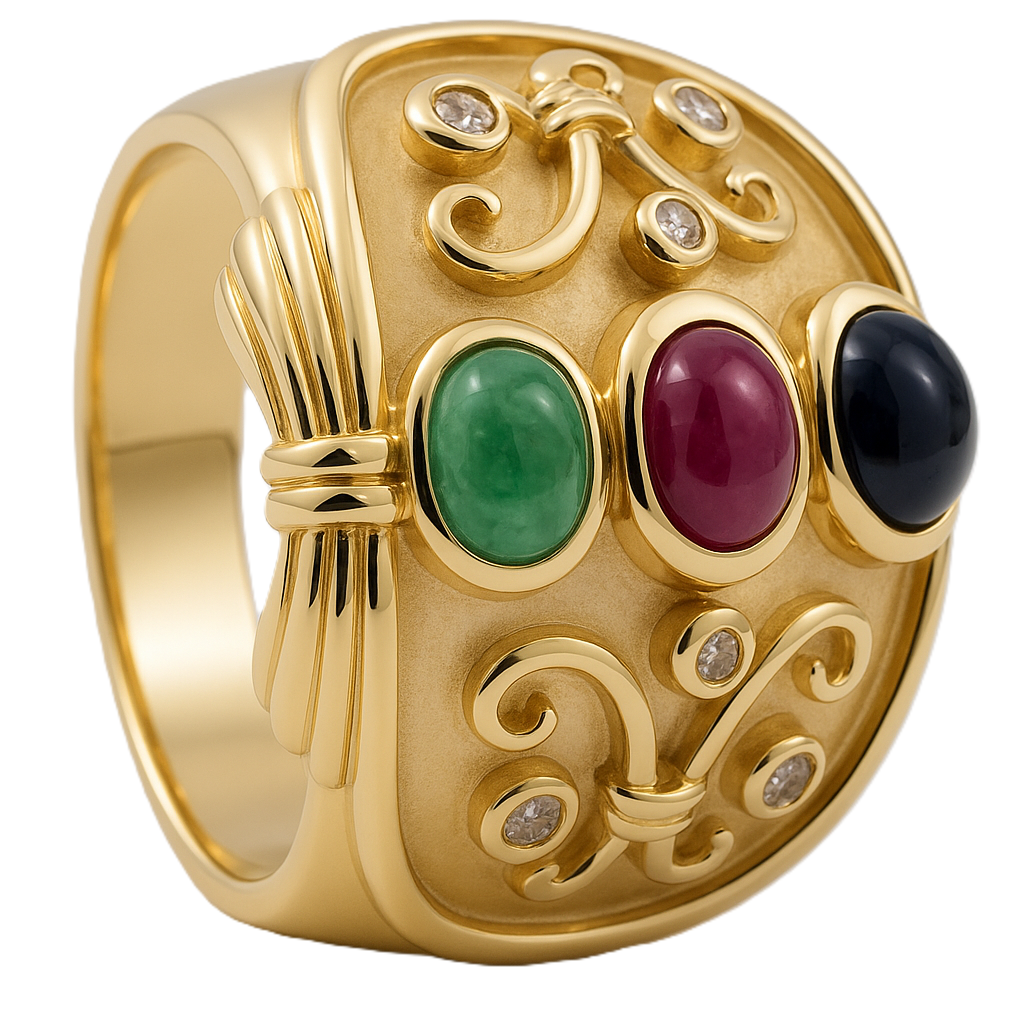 Anello - 14 carati Oro giallo, Zaffiro - Rubino - Smeraldo - Diamanti - 1.02ct. tw.