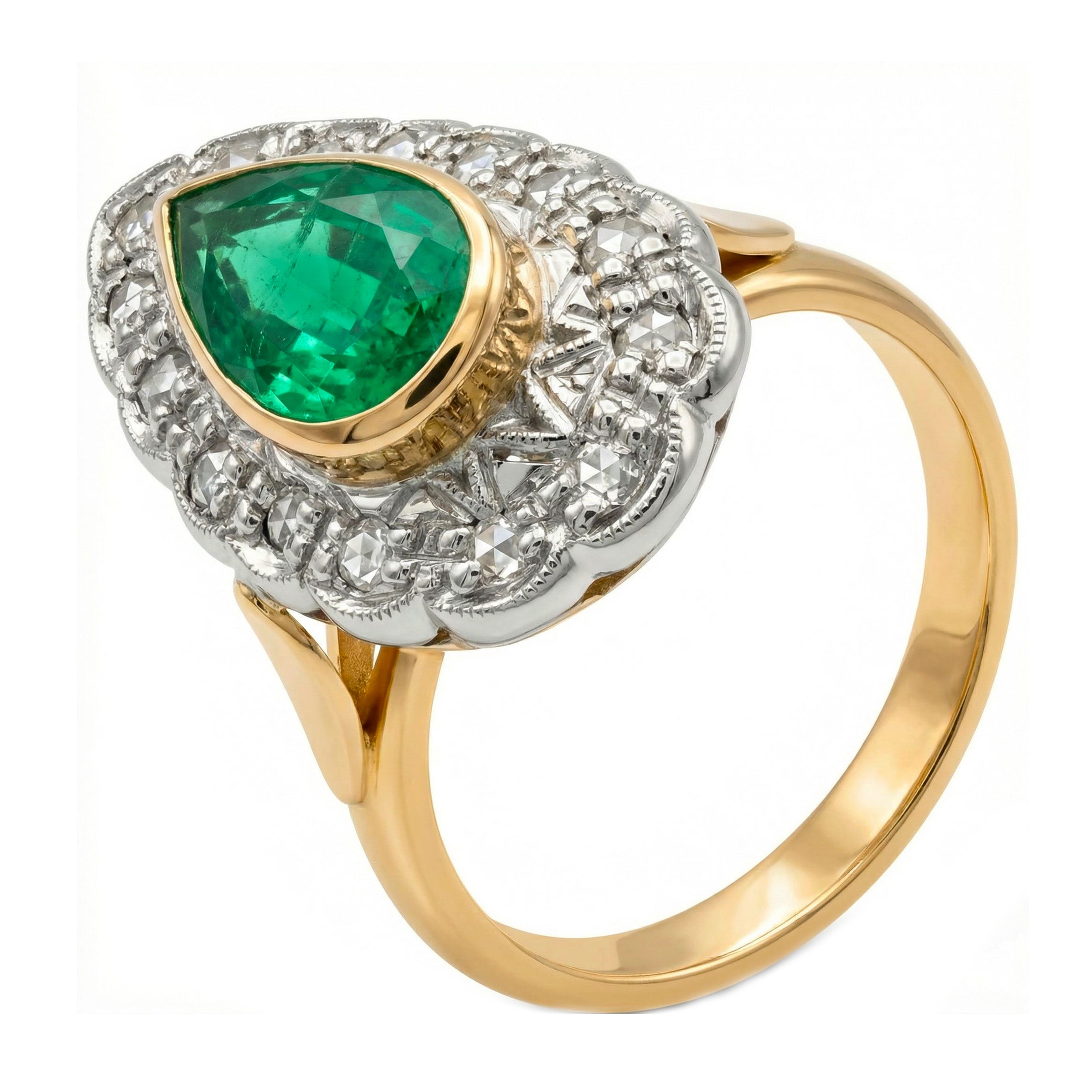 Anello in Oro giallo 14 carati e Argento 800 - Smeraldo e  Diamanti