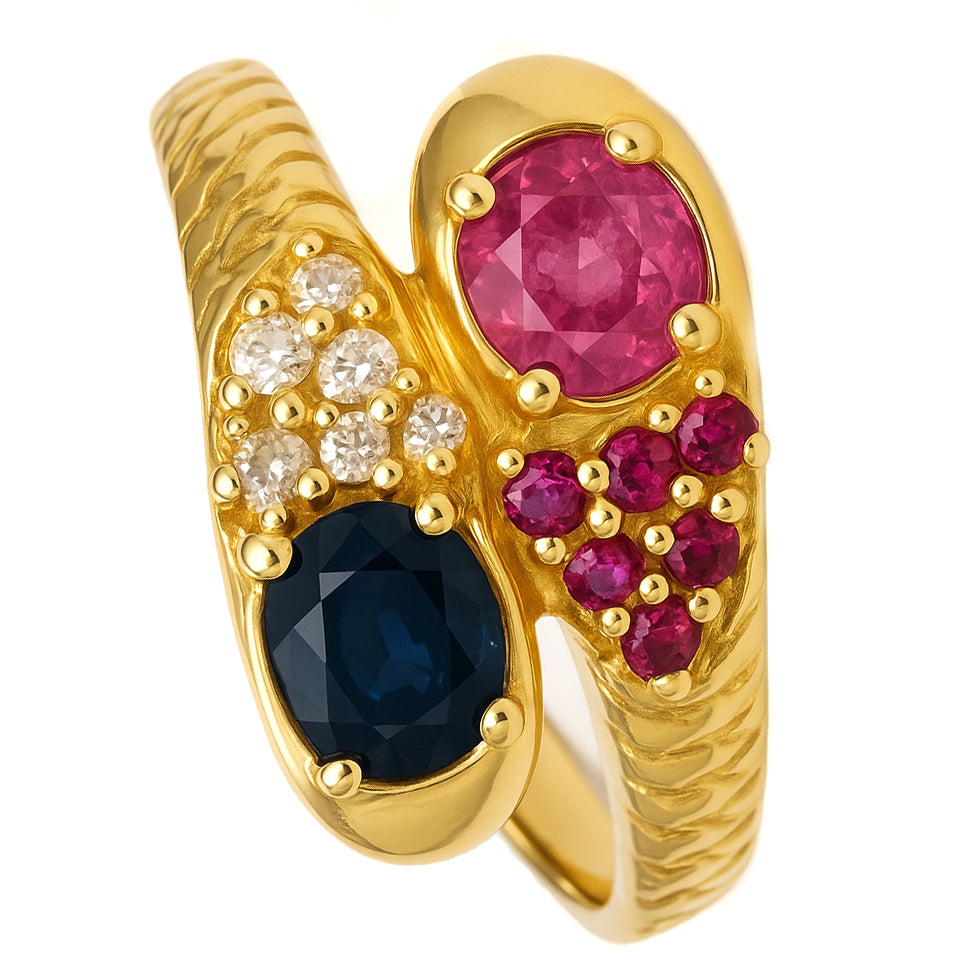 Anello - 18 carati Oro giallo, Zaffiri - Rubini - Diamanti - 0.83ct. tw.