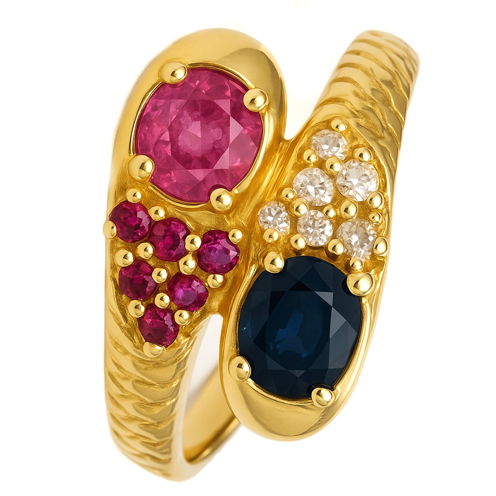 Anello - 18 carati Oro giallo, Zaffiri - Rubini - Diamanti - 0.83ct. tw.