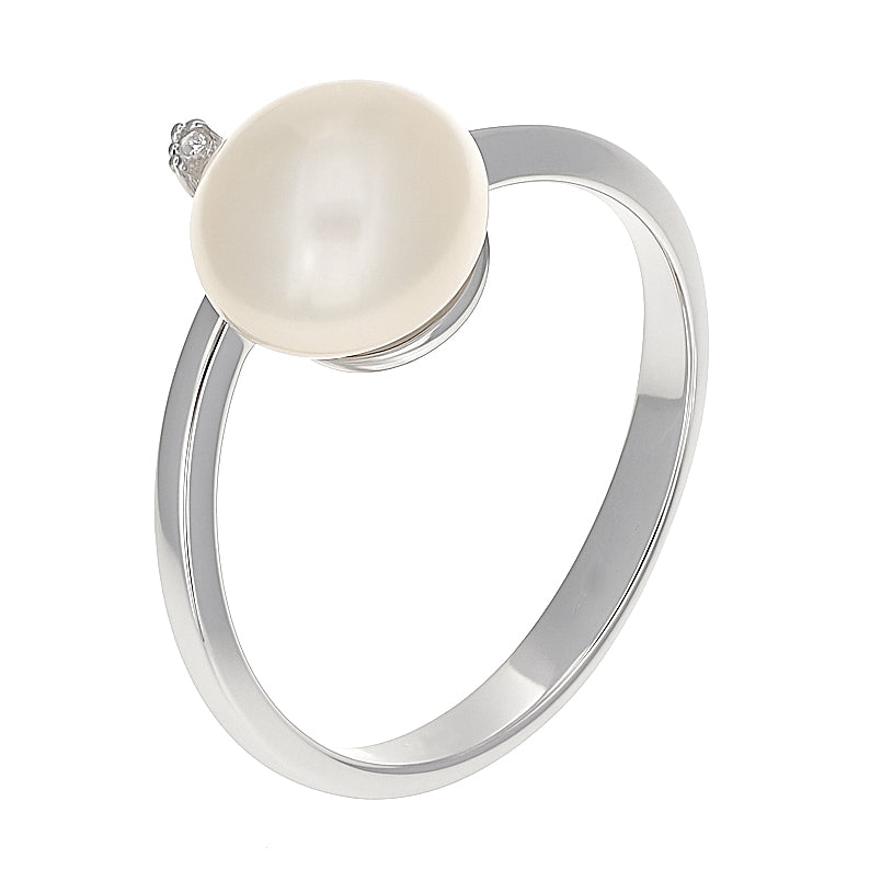 Anello - 18 carati Oro bianco - 0.01ct. tw. Diamante (Naturale) - Perla