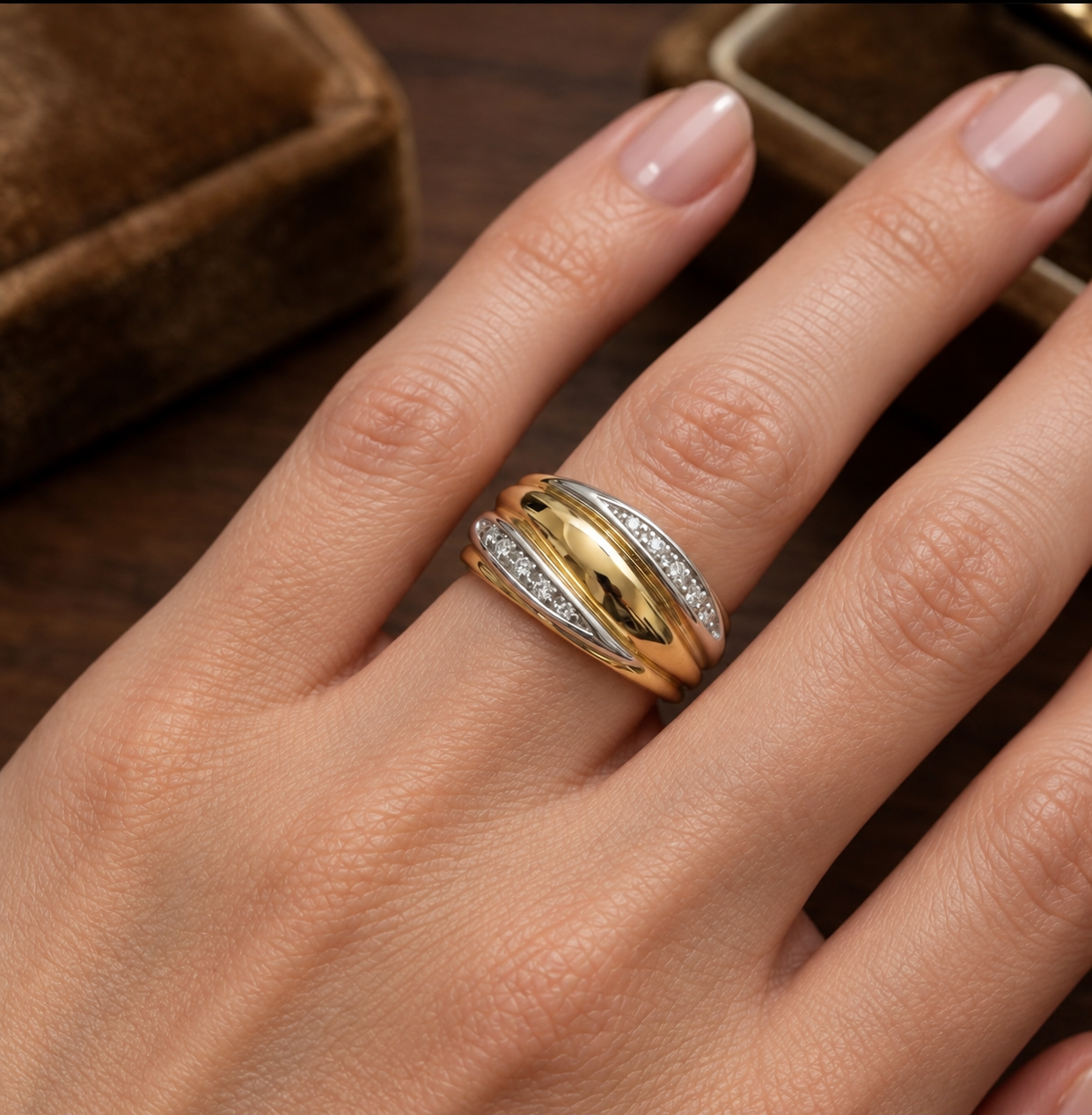 Anello da Donna in Oro Giallo e Bianco 18 kt con Diamanti 0,10 ct