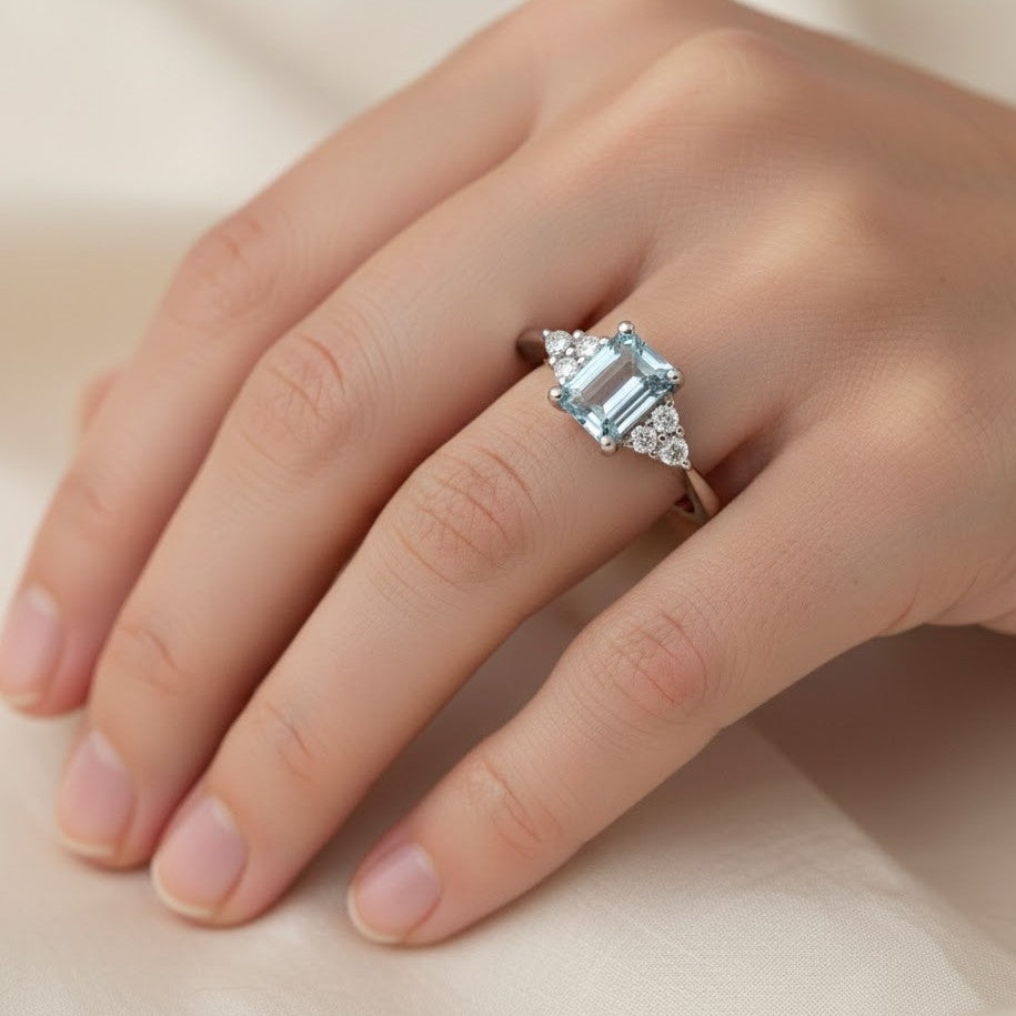 Anello - 18 carati Oro bianco Acquamarina - Diamante