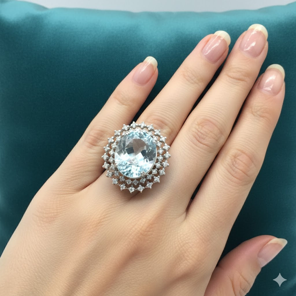 Anello - 18 carati Oro bianco - 16.22ct. tw. Acquamarina - Diamante