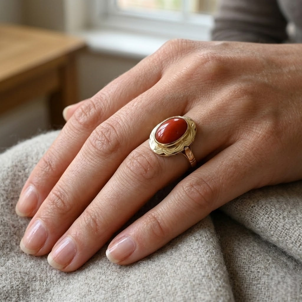 Anello da donna in oro giallo 18 carati con corallo centrale di forma ovale