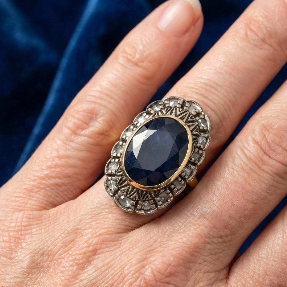 14 carati Oro giallo, Argento 925 - Anello - 10.00 ct Zaffiro - Ct 0.40 Diamanti