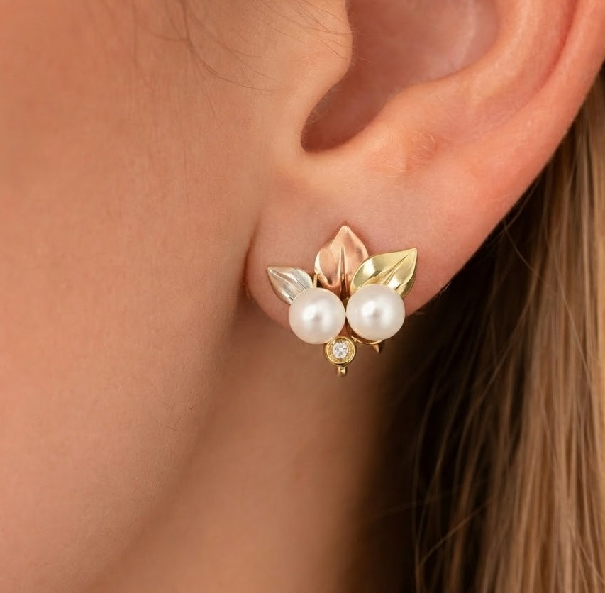 Orecchini - 18 carati Oro bianco, Oro giallo, Oro rosa - 0.04ct. tw. Diamante (Naturale) - Perla