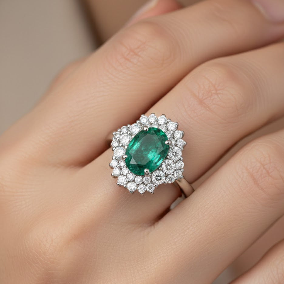 Anello - 18 carati Oro bianco - 1.75ct. tw. Smeraldo - Diamante